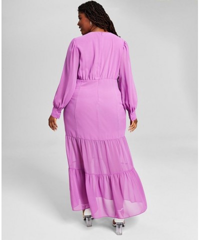 Plus Size Tiered Long-Sleeve Chiffon Maxi Dress Pink Angelonia $37.59 Dresses