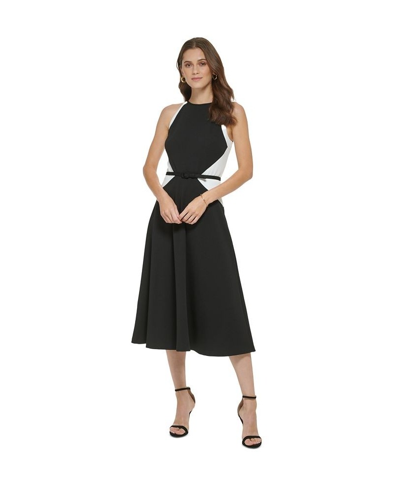 Women's Colorblocked Belted Midi Dress Black/Ivory $59.04 Dresses