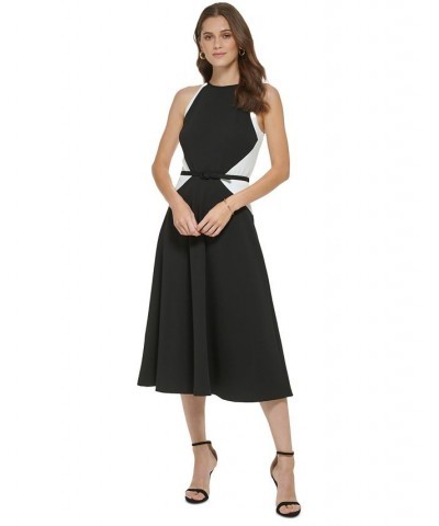 Women's Colorblocked Belted Midi Dress Black/Ivory $59.04 Dresses