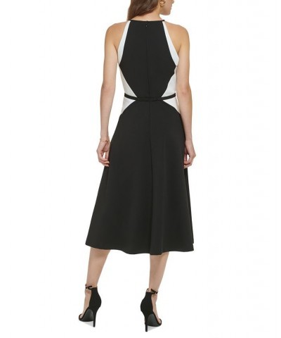 Women's Colorblocked Belted Midi Dress Black/Ivory $59.04 Dresses