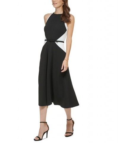 Women's Colorblocked Belted Midi Dress Black/Ivory $59.04 Dresses