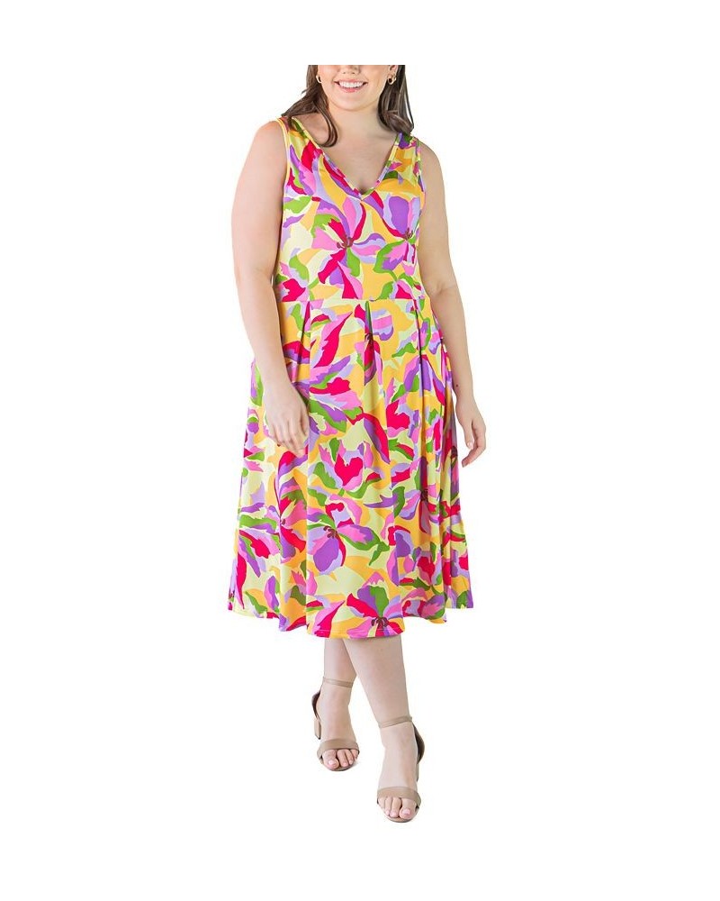 Plus Size Midi Fit and Flare Pocket Dress Yellow Multi $25.07 Dresses