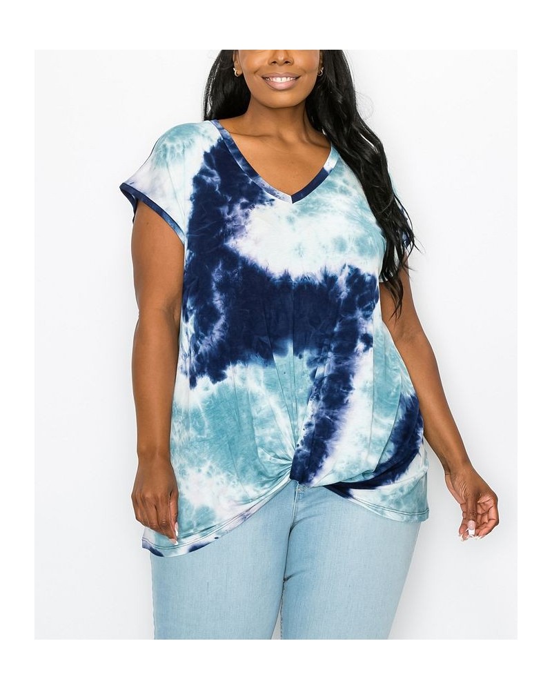 Plus Size Hand Tie Dye V-Neck Twist Front Top Indigo/Dusty Blue $18.98 Tops