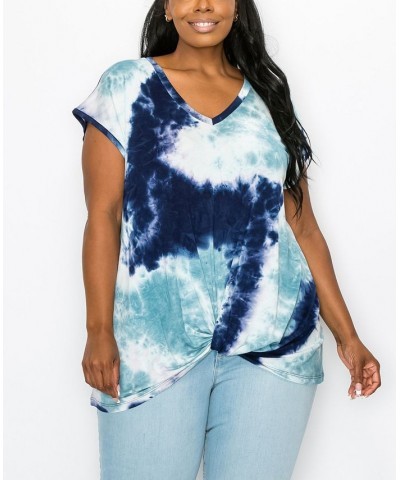 Plus Size Hand Tie Dye V-Neck Twist Front Top Indigo/Dusty Blue $18.98 Tops