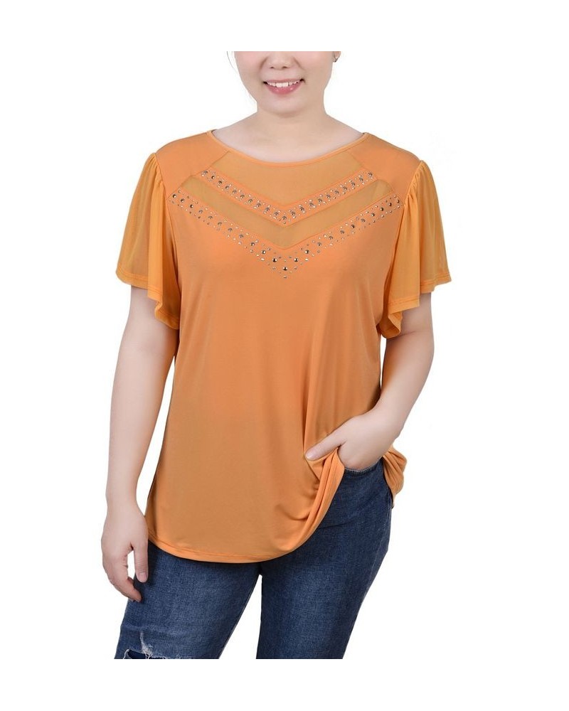 Women's Studded Top with Mesh Details Golden Glow $12.71 Tops