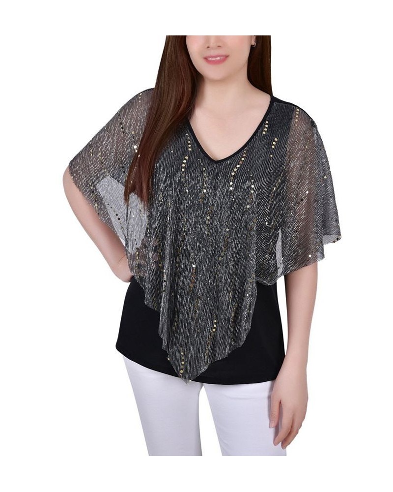 Petite Pleated Mesh Poncho with Foil Top Gray, Gold $14.72 Tops