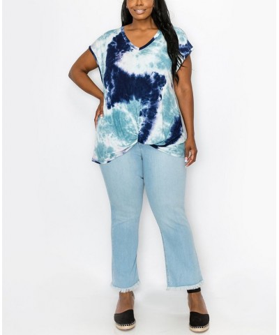 Plus Size Hand Tie Dye V-Neck Twist Front Top Indigo/Dusty Blue $18.98 Tops