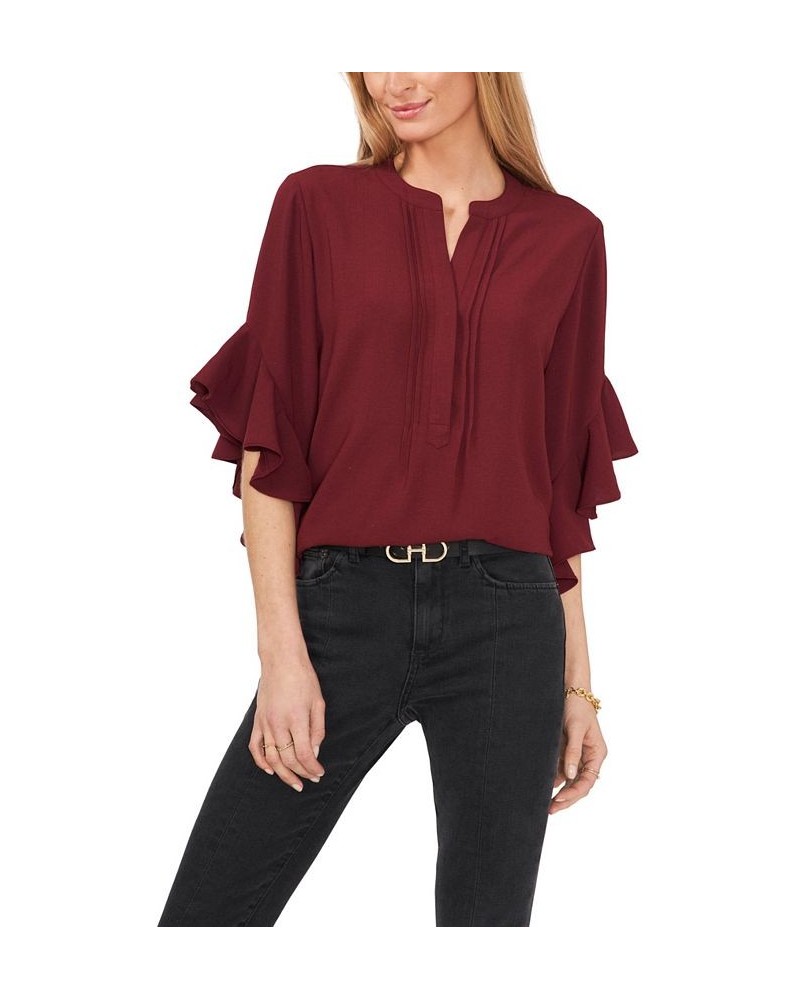 Women's Ruffle Sleeve Henley Blouse Deep Cranberry $40.05 Tops