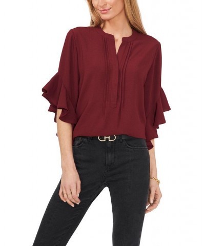 Women's Ruffle Sleeve Henley Blouse Deep Cranberry $40.05 Tops