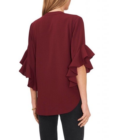 Women's Ruffle Sleeve Henley Blouse Deep Cranberry $40.05 Tops