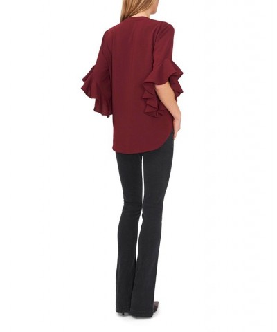 Women's Ruffle Sleeve Henley Blouse Deep Cranberry $40.05 Tops