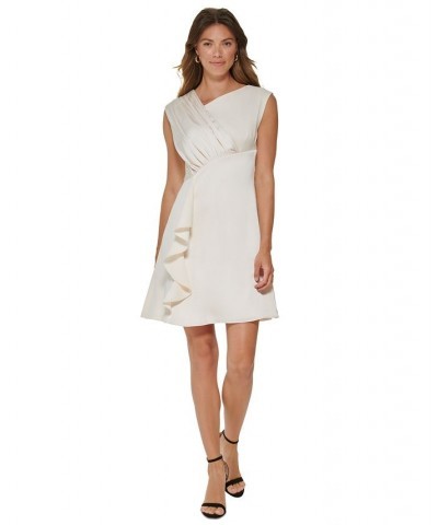 Petite Gathered Asymmetrical-Neck Satin Dress Buttercream $40.80 Dresses