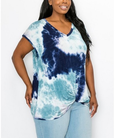 Plus Size Hand Tie Dye V-Neck Twist Front Top Indigo/Dusty Blue $18.98 Tops