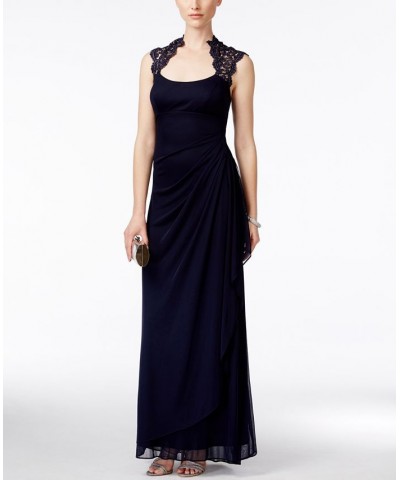 Stand-Collar Illusion Back Gown Blue $56.76 Dresses