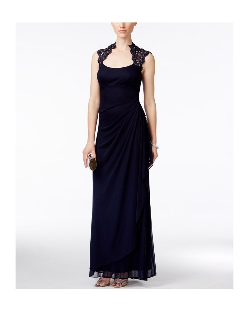 Stand-Collar Illusion Back Gown Blue $56.76 Dresses