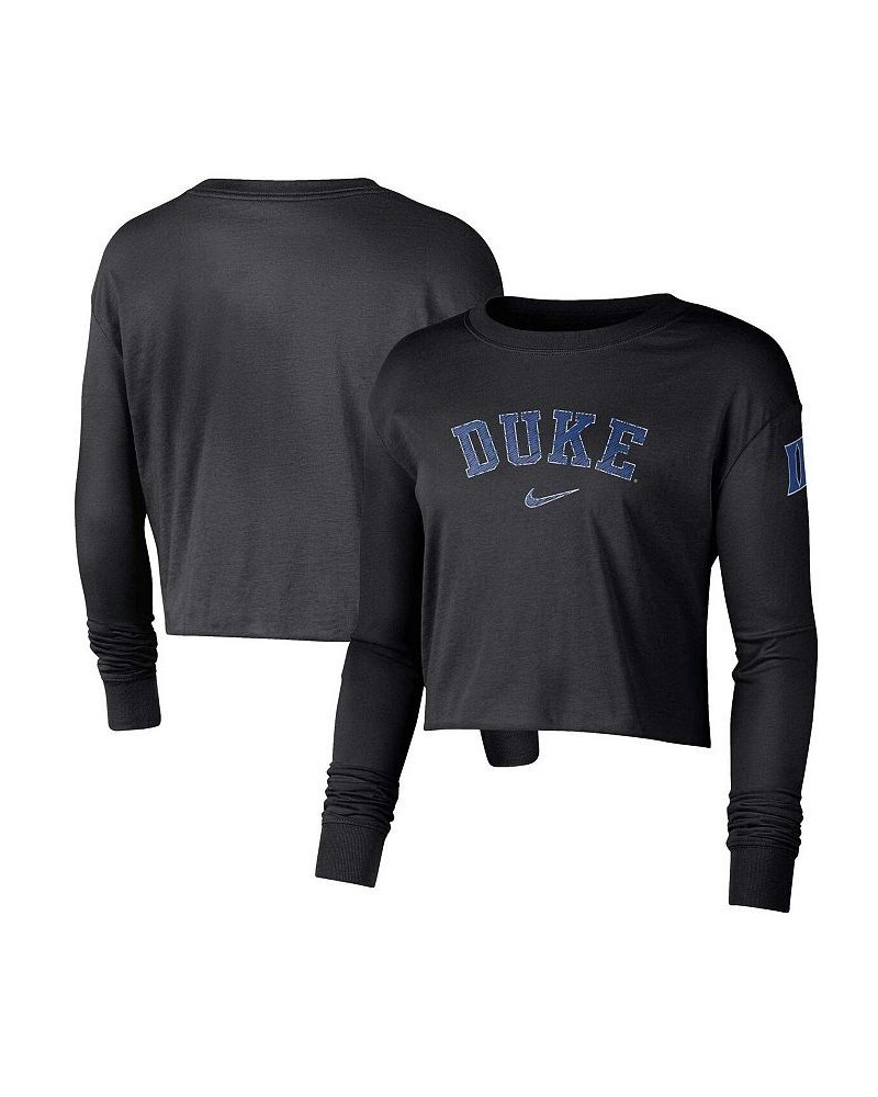 Women's Black Duke Blue Devils 2-Hit Cropped Long Sleeve Logo T-shirt Black $27.49 Tops