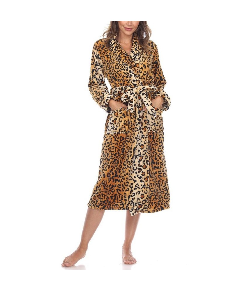 Women's Long Cozy Loungewear Belted Robe Brown Leopard $24.19 Sleepwear