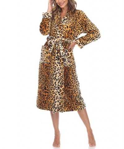 Women's Long Cozy Loungewear Belted Robe Brown Leopard $24.19 Sleepwear