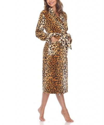 Women's Long Cozy Loungewear Belted Robe Brown Leopard $24.19 Sleepwear