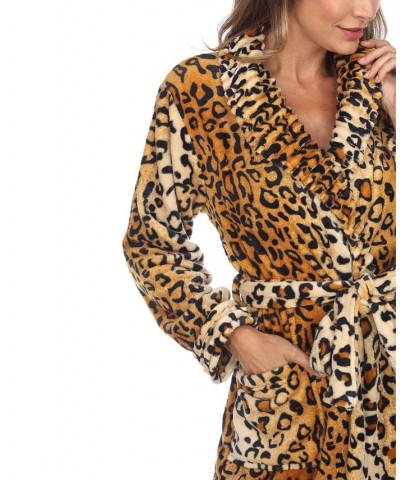 Women's Long Cozy Loungewear Belted Robe Brown Leopard $24.19 Sleepwear