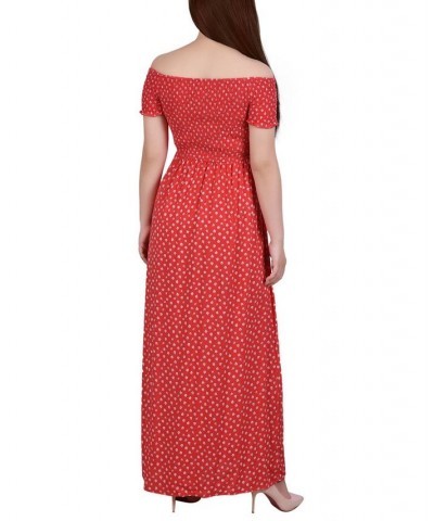 Women's Short Sleeve Off the Shoulder Smocked Maxi Dress Red Floral $21.06 Dresses