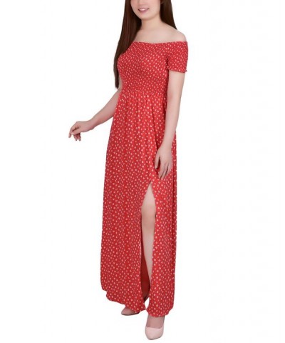 Women's Short Sleeve Off the Shoulder Smocked Maxi Dress Red Floral $21.06 Dresses