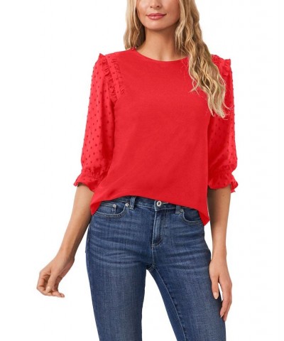 Women's Ruffle Mixed-Media Elbow Sleeve Blouse Red $19.18 Tops