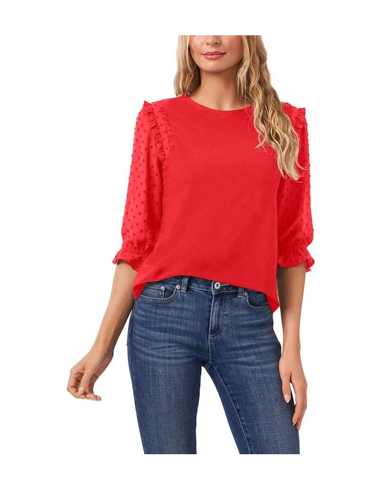 Women's Ruffle Mixed-Media Elbow Sleeve Blouse Red $19.18 Tops