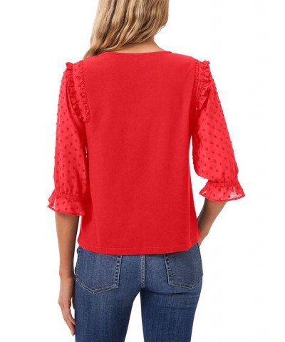 Women's Ruffle Mixed-Media Elbow Sleeve Blouse Red $19.18 Tops