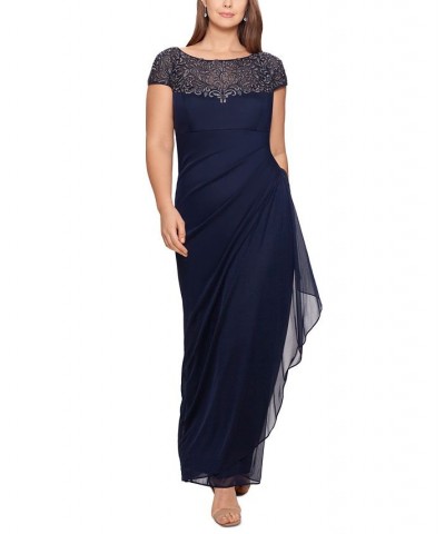 Embellished Illusion-Yoke Gown Navy Blue/Gunmetal $107.55 Dresses