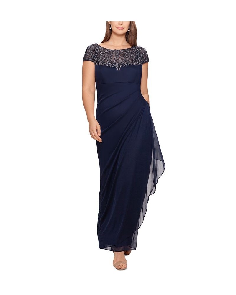 Embellished Illusion-Yoke Gown Navy Blue/Gunmetal $107.55 Dresses