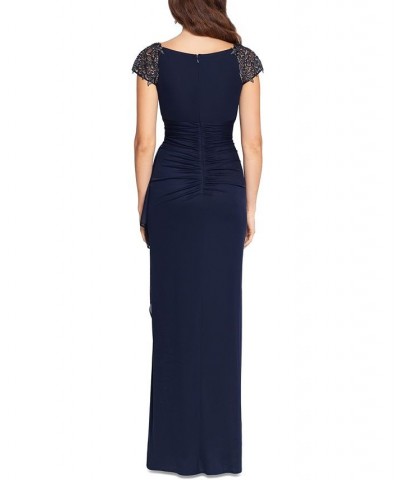 Embellished Illusion-Yoke Gown Navy Blue/Gunmetal $107.55 Dresses