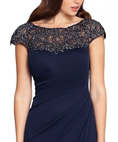 Embellished Illusion-Yoke Gown Navy Blue/Gunmetal $107.55 Dresses