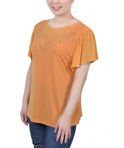 Women's Studded Top with Mesh Details Golden Glow $12.71 Tops