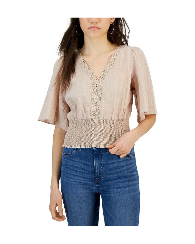 Juniors' Crochet-Trim Tie-Back Top Tan/Beige $11.44 Tops