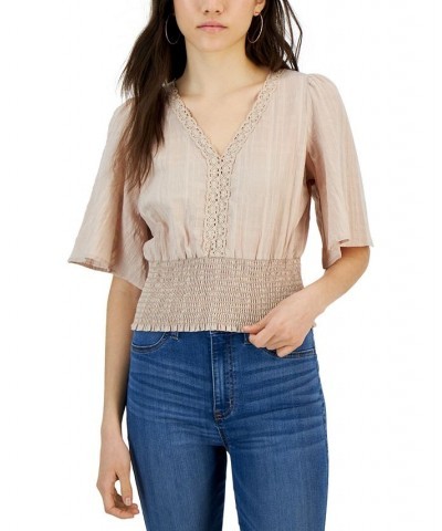 Juniors' Crochet-Trim Tie-Back Top Tan/Beige $11.44 Tops