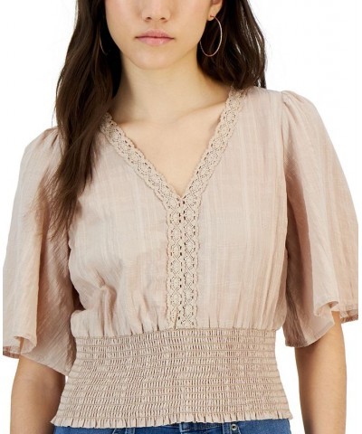 Juniors' Crochet-Trim Tie-Back Top Tan/Beige $11.44 Tops