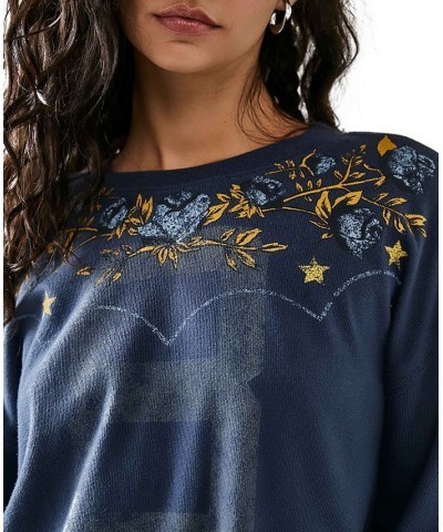 Women's Homestead Printed Long-Sleeve Cotton Top Blue $46.06 Tops