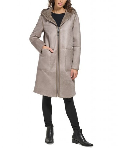 Women's Hooded Faux-Shearling Coat Green $111.80 Coats