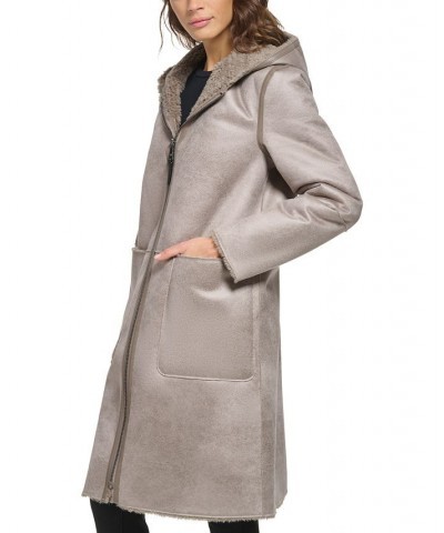 Women's Hooded Faux-Shearling Coat Green $111.80 Coats