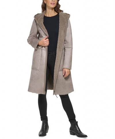 Women's Hooded Faux-Shearling Coat Green $111.80 Coats