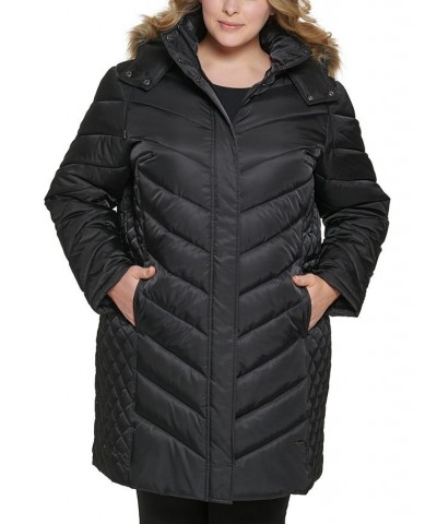 Women's Plus Size Faux-Fur-Trim Hooded Puffer Coat Black $66.30 Coats