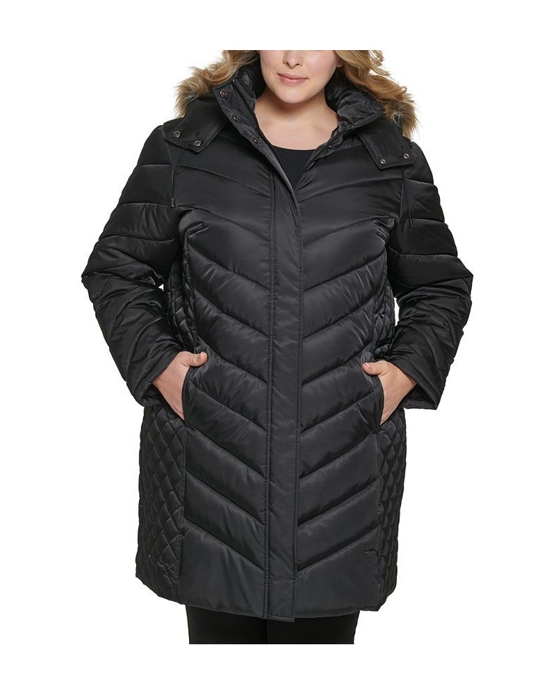 Women's Plus Size Faux-Fur-Trim Hooded Puffer Coat Black $66.30 Coats