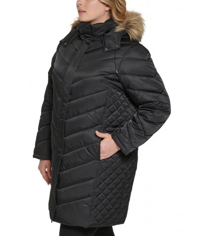 Women's Plus Size Faux-Fur-Trim Hooded Puffer Coat Black $66.30 Coats