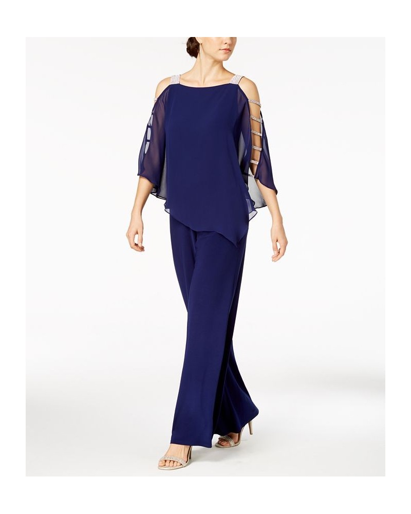 Embellished Chiffon-Overlay Jumpsuit Midnight Blue $57.12 Pants