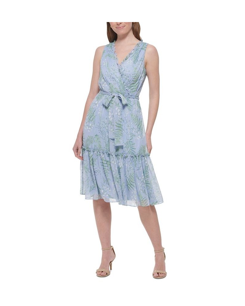 Women's Ruffled Tie-Waist Faux-Wrap Dress Blue Heron Multi $61.16 Dresses