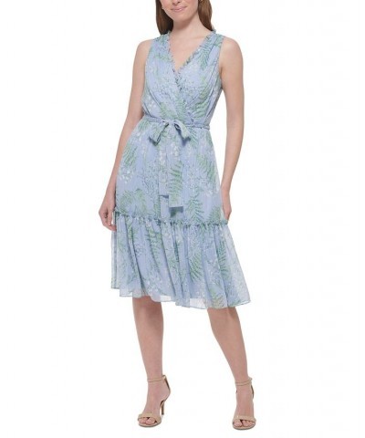 Women's Ruffled Tie-Waist Faux-Wrap Dress Blue Heron Multi $61.16 Dresses