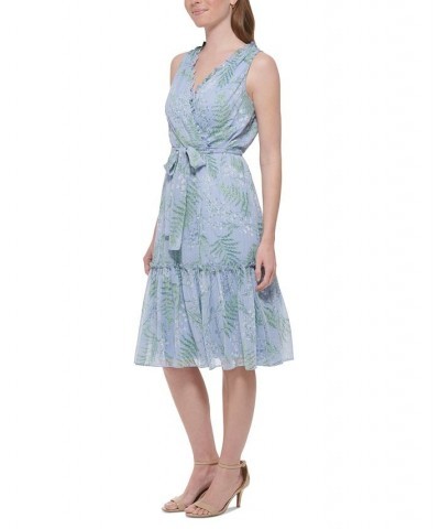 Women's Ruffled Tie-Waist Faux-Wrap Dress Blue Heron Multi $61.16 Dresses