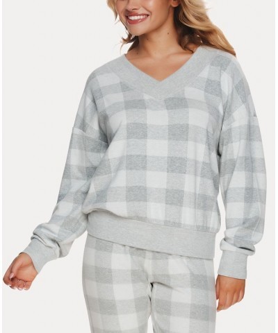 Women's Aurora Plaid V-Neck Sweatshirt Gray, White $32.64 Sleepwear