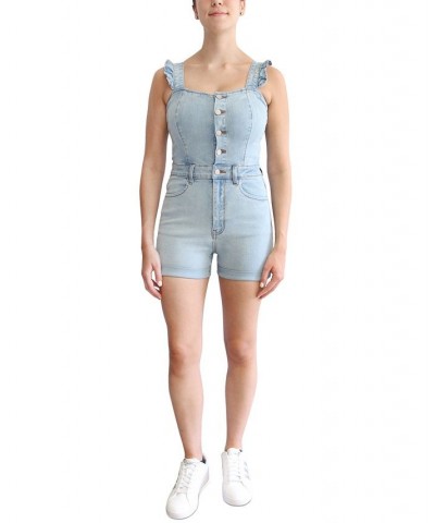 Juniors' Ruffled Stretch-Denim Shortalls Light Wash $12.25 Shorts